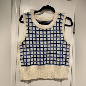 NWT Talbots Size MP Cream Blue Black Geometric Cotton Crew Neck Sweater Vest